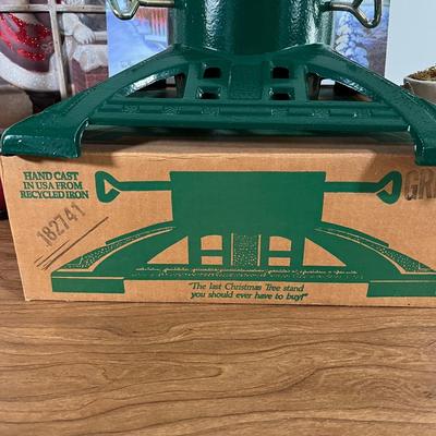 LOT 96L: Christmas Decor - Heavy Duty Heirloom Iron Christmas Tree Stand, Topiaries, Light-Up Pictures