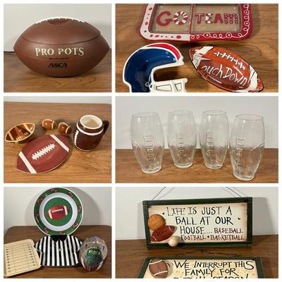 LOT 100L: Football Themed Home Decor, Party Essentials, Serving Pieces, Football-Shaped Crockpot and More