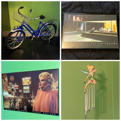 LOT 107B: Home Decor - Marilyn Monroe Poster, Tinkerbell Windchimes and More
