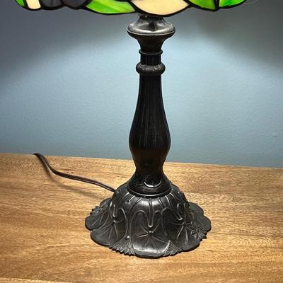 LOT 113M: Tiffany Style Table Lamp and MCM Style Wood Desk with Built-In Power Strip, USB Ports