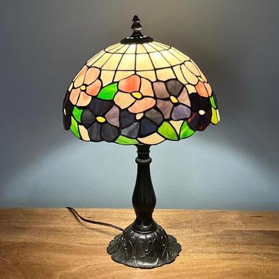 LOT 113M: Tiffany Style Table Lamp and MCM Style Wood Desk with Built-In Power Strip, USB Ports