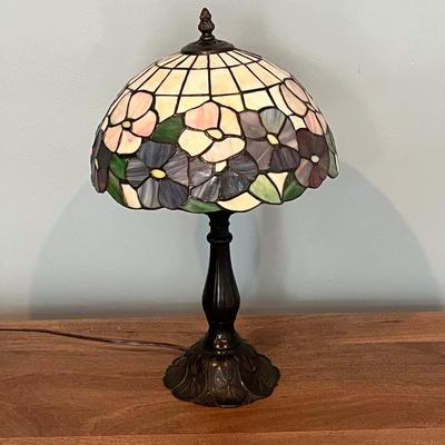 LOT 113M: Tiffany Style Table Lamp and MCM Style Wood Desk with Built-In Power Strip, USB Ports