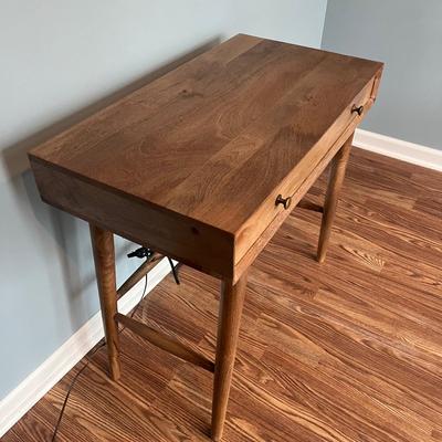 LOT 113M: Tiffany Style Table Lamp and MCM Style Wood Desk with Built-In Power Strip, USB Ports