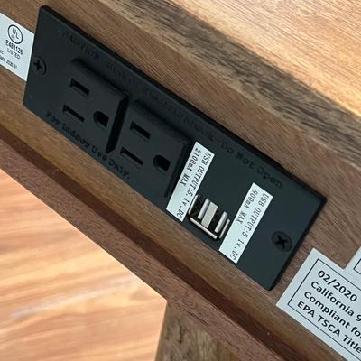 LOT 113M: Tiffany Style Table Lamp and MCM Style Wood Desk with Built-In Power Strip, USB Ports