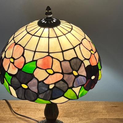 LOT 113M: Tiffany Style Table Lamp and MCM Style Wood Desk with Built-In Power Strip, USB Ports