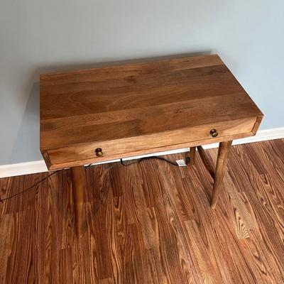 LOT 113M: Tiffany Style Table Lamp and MCM Style Wood Desk with Built-In Power Strip, USB Ports