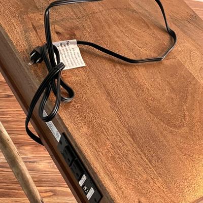 LOT 113M: Tiffany Style Table Lamp and MCM Style Wood Desk with Built-In Power Strip, USB Ports