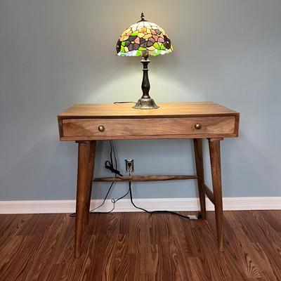 LOT 113M: Tiffany Style Table Lamp and MCM Style Wood Desk with Built-In Power Strip, USB Ports