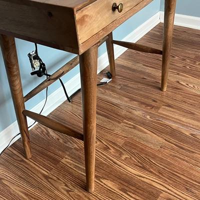 LOT 113M: Tiffany Style Table Lamp and MCM Style Wood Desk with Built-In Power Strip, USB Ports