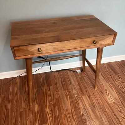 LOT 113M: Tiffany Style Table Lamp and MCM Style Wood Desk with Built-In Power Strip, USB Ports