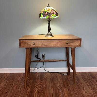 LOT 113M: Tiffany Style Table Lamp and MCM Style Wood Desk with Built-In Power Strip, USB Ports