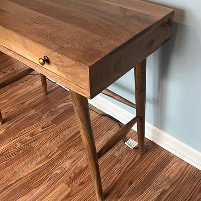 LOT 113M: Tiffany Style Table Lamp and MCM Style Wood Desk with Built-In Power Strip, USB Ports