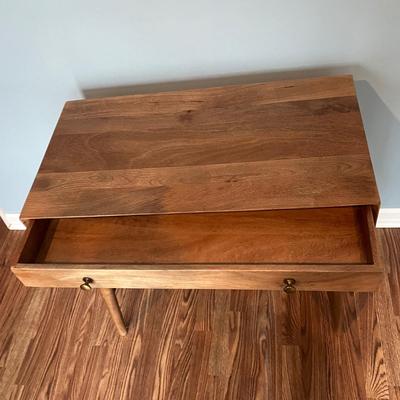 LOT 113M: Tiffany Style Table Lamp and MCM Style Wood Desk with Built-In Power Strip, USB Ports