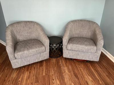 LOT 115M: Two Swivel / Rolling Club Chairs + Metal Accent Table