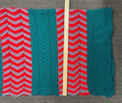 Vintage Handmade Knit Blanket or Throw - forest green, red, gray