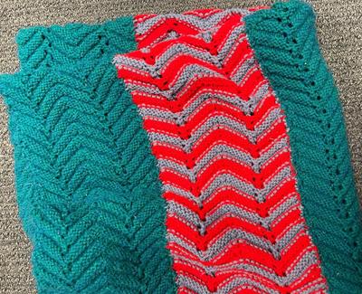 Vintage Handmade Knit Blanket or Throw - forest green, red, gray