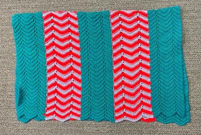 Vintage Handmade Knit Blanket or Throw - forest green, red, gray