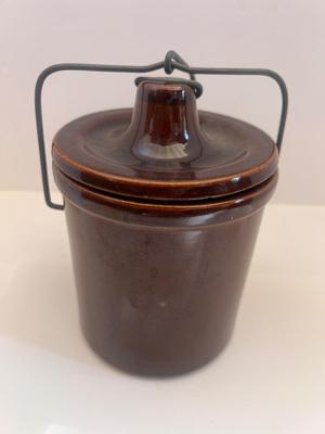 Vintage Brown Stoneware Cheese Crock Jar With spring lid preserves