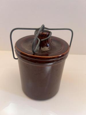 Vintage Brown Stoneware Cheese Crock Jar With spring lid preserves