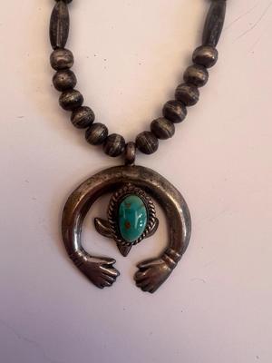 Vintage Navajo Sterling and Turquoise Naja Necklace