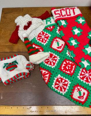 Christmas Home Decor Lot #1 - Knitted Stockings, Doll or Bear Hats/Sweaters, Snow Lady, Coffee Cup, etc