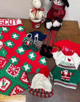 Christmas Home Decor Lot #1 - Knitted Stockings, Doll or Bear Hats/Sweaters, Snow Lady, Coffee Cup, etc