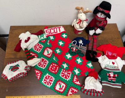 Christmas Home Decor Lot #1 - Knitted Stockings, Doll or Bear Hats/Sweaters, Snow Lady, Coffee Cup, etc