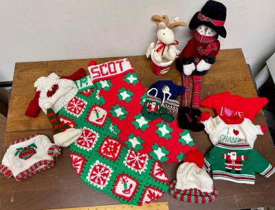 Christmas Home Decor Lot #1 - Knitted Stockings, Doll or Bear Hats/Sweaters, Snow Lady, Coffee Cup, etc