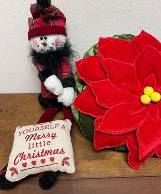 Christmas Decor Lot #2 - red poinsettia flower pillow, Snow Lady, Bear, Doll or Bear Sweater, etc