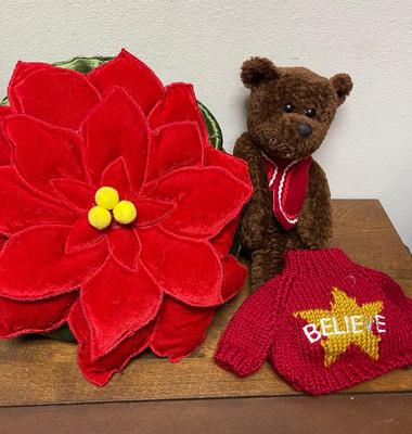 Christmas Decor Lot #2 - red poinsettia flower pillow, Snow Lady, Bear, Doll or Bear Sweater, etc