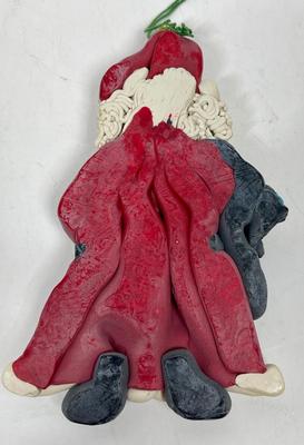 Vintage Clay Christmas Tree Ornament Santa with bag of toys and a tree