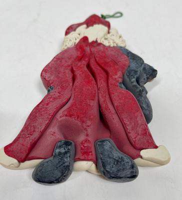 Vintage Clay Christmas Tree Ornament Santa with bag of toys and a tree