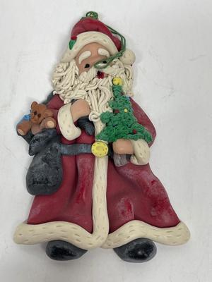 Vintage Clay Christmas Tree Ornament Santa with bag of toys and a tree