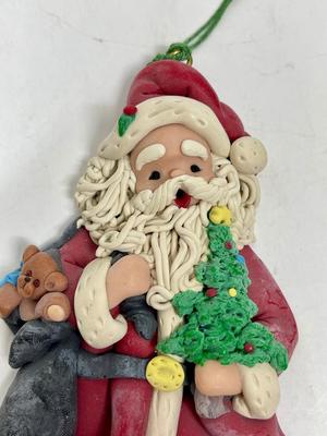 Vintage Clay Christmas Tree Ornament Santa with bag of toys and a tree