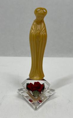 Bircraft Plastic Praying Madonna Lucite Acrylic Flower Base Hand Carved Red Rose
