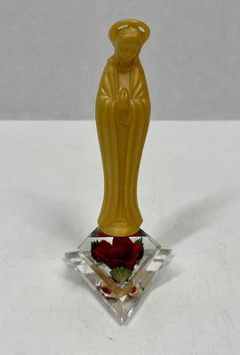 Bircraft Plastic Praying Madonna Lucite Acrylic Flower Base Hand Carved Red Rose