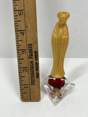 Bircraft Plastic Praying Madonna Lucite Acrylic Flower Base Hand Carved Red Rose