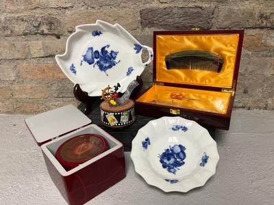 1936 Royal Copenhagen, agate coasters, unique vanity set, Steamboat Willie music box