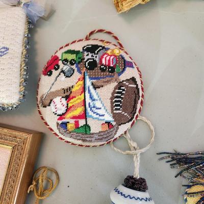 Lot of Handmade Needlepoint crafts mirror, Door hangers, Decorations, stocking boot,