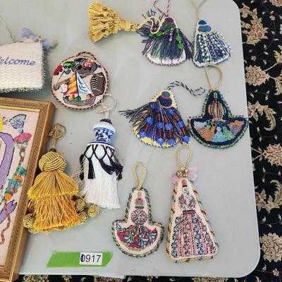 Lot of Handmade Needlepoint crafts mirror, Door hangers, Decorations, stocking boot,