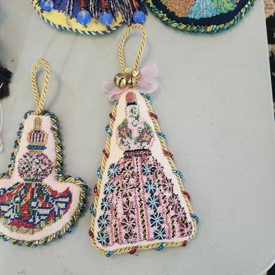 Lot of Handmade Needlepoint crafts mirror, Door hangers, Decorations, stocking boot,
