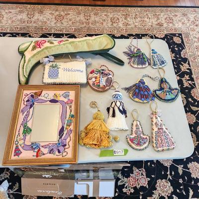 Lot of Handmade Needlepoint crafts mirror, Door hangers, Decorations, stocking boot,