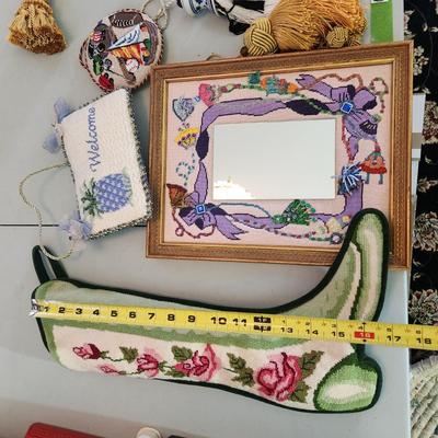 Lot of Handmade Needlepoint crafts mirror, Door hangers, Decorations, stocking boot,