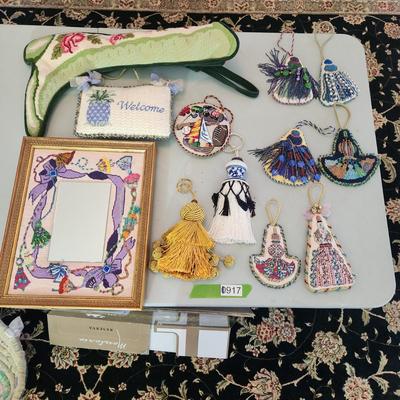 Lot of Handmade Needlepoint crafts mirror, Door hangers, Decorations, stocking boot,