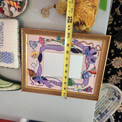 Lot of Handmade Needlepoint crafts mirror, Door hangers, Decorations, stocking boot,