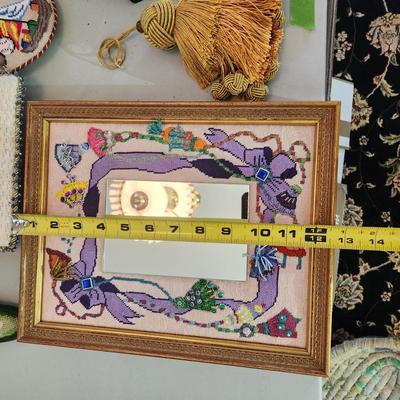 Lot of Handmade Needlepoint crafts mirror, Door hangers, Decorations, stocking boot,