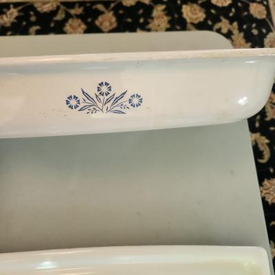 Corningware Lot Cornflower Platter, 2 Casseroles. 1 over dish