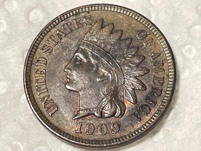 1909 AU58+ CONDITION INDIAN HEAD CENT FROM AN OLDTIME ESTATE. FREE DOMESTIC SHIPPING.