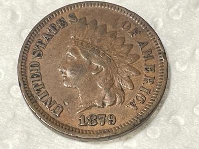1879 VF/EF CONDITION W/FEW RIM TICKS INDIAN HEAD CENT FROM AN OLDTIME ESTATE. FREE DOMESTIC SHIPPING.