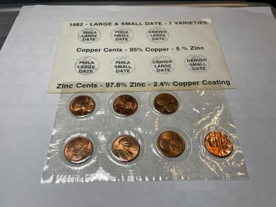 1982 Lincoln Cent 7-Coin Large & Small Date Varieties Set in Uncirculated Condition as Pic'd.